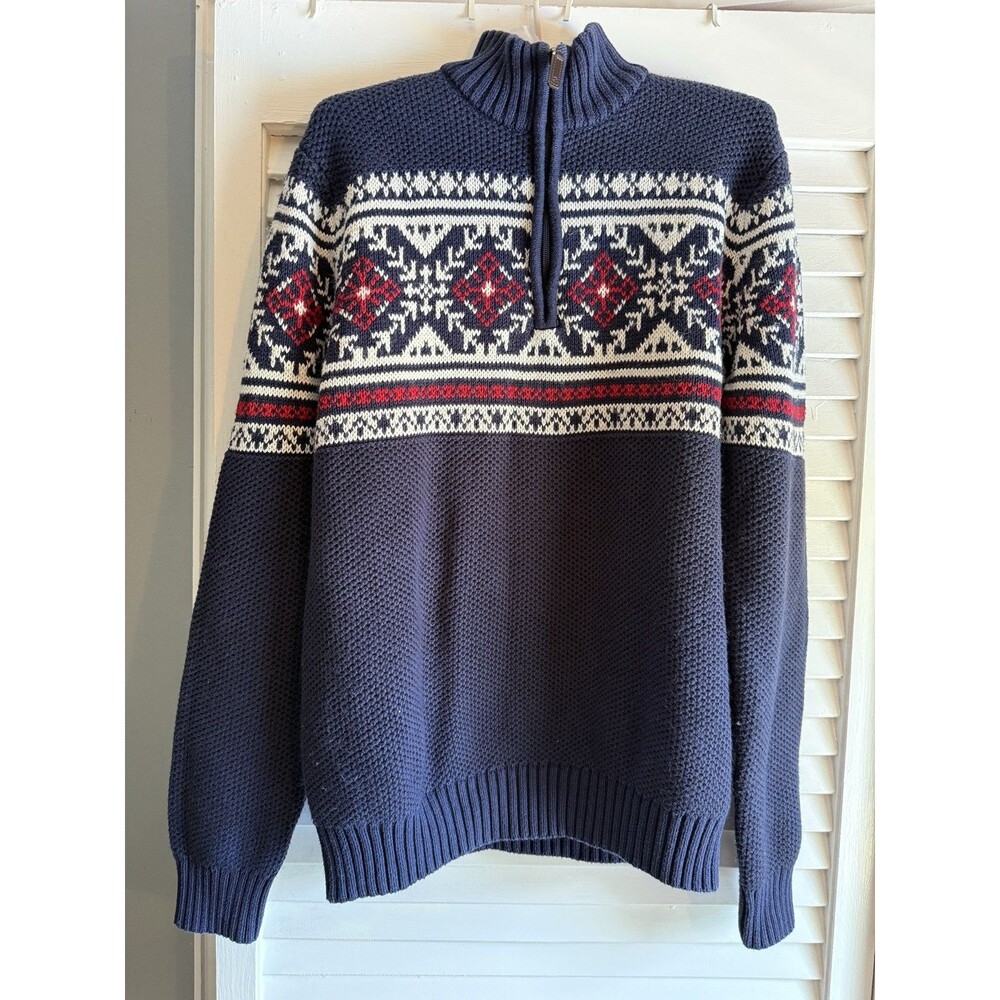 IZOD Men’s Fair Isle Quarter Zip Sweater L Cabincore Ski Winter Nordic 1/4 zip